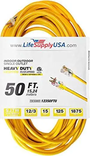 50 ft extension cord 12/3 sjtw with lighted end - yellow - indoor / outdoor heavy duty extra durability 15amp 125v 1875w etl listed by lifesupplyusa