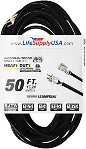 50 ft extension cord 12/3 sjtw with lighted end - black - indoor / outdoor heavy duty extra durability 15amp 125v 1875w etl listed by lifesupplyusa