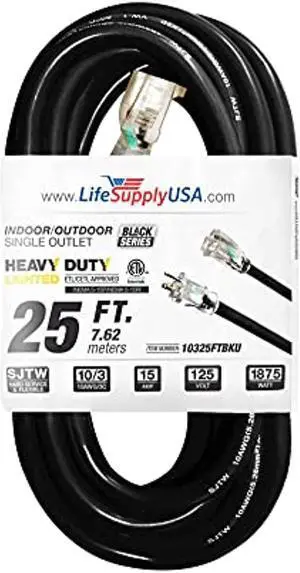 25 ft extension cord 10/3 sjtw with lighted end - black - indoor / outdoor heavy duty extra durability 15amp 125v 1875w etl listed by lifesupplyusa