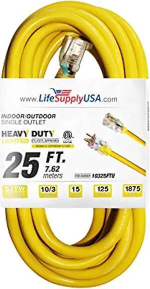 25 ft extension cord 10/3 sjtw with lighted end - yellow - indoor / outdoor heavy duty extra durability 15amp 125v 1875w etl listed by lifesupplyusa