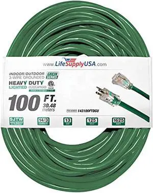 100 ft extension cord 14/3 sjtw with lighted end - green - indoor / outdoor heavy duty extra durability 13amp 125v 1625w etl listed by lifesupplyusa