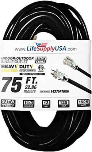 75 ft extension cord 14/3 sjtw with lighted end - black - indoor / outdoor heavy duty extra durability 13amp 125v 1625w etl listed by lifesupplyusa