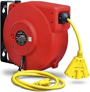 reelworks extension cord reel retractable, 14awg x 40' ft 3c sjt, wall mount kit, 3 outlet/triple tap connector