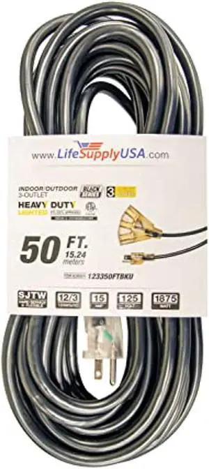 50 ft extension cord 12/3 3-outlet sjtw with lighted end - black - indoor / outdoor heavy duty extra durability 15amp 125v 1875w etl listed by lifesupplyusa