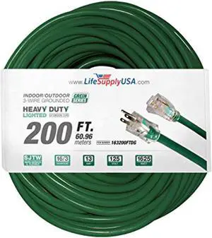 200 ft extension cord 16/3 sjtw with lighted end - green - indoor / outdoor heavy duty extra durability 10amp 125v 1000w listed by lifesupplyusa