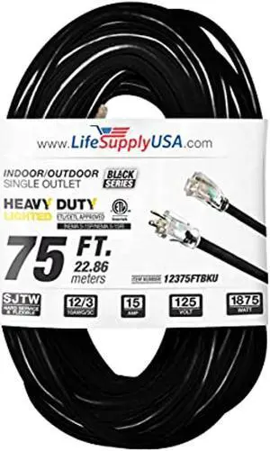 75 ft extension cord 12/3 sjtw with lighted end - black - indoor / outdoor heavy duty extra durability 15amp 125v 1875w etl listed by lifesupplyusa