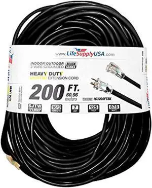 200 ft extension cord 16/3 sjtw with lighted end - black - indoor / outdoor heavy duty extra durability 8 amp 125 volts 1000 watts by lifesupplyusa