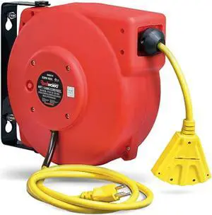 reelworks retractable extension cord reel polypropylene 12awg x 40' foot industrial commercial grade 3c sjt cable triple tap connector 15a 125vac 1875w 60hz current interrupter best for indoor use