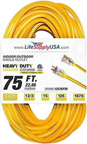 75 ft extension cord 12/3 sjtw with lighted end - yellow - indoor / outdoor heavy duty extra durability 15amp 125v 1875w etl listed by lifesupplyusa