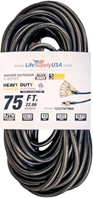 75 ft extension cord 12/3 3-outlet sjtw with lighted end - black - indoor / outdoor heavy duty extra durability 15amp 125v 1875w etl listed by lifesupplyusa