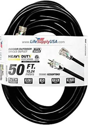 50 ft extension cord 10/3 sjtw with lighted end - black - indoor / outdoor heavy duty extra durability 15amp 125v 1875w etl listed by lifesupplyusa