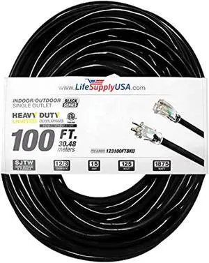 100 ft extension cord 12/3 sjtw with lighted end - black - indoor / outdoor heavy duty extra durability 15amp 125v 1875w etl listed by lifesupplyusa