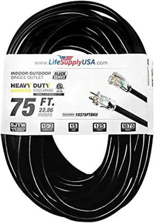 75 ft extension cord 10/3 sjtw with lighted end - black - indoor / outdoor heavy duty extra durability 15amp 125v 1875w etl listed by lifesupplyusa