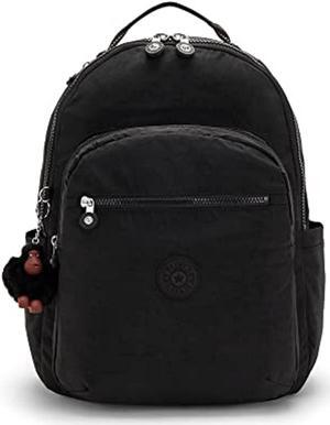 kipling women's seoul 15 laptop backpack, durable, roomy with padded shoulder straps, nylon school bag, true black, 12.75" l x 17.25" h x 9" d