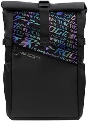 asus rog bp4701 43.18 cm gaming backpack (black), with holographic cybertext printing, roll up design, suitable for up to 43.18 cm laptop