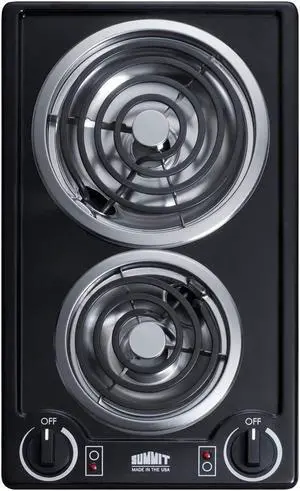 Summit Appliance CCE212BL 12" Wide 115V 2-Burner Coil Cooktop in Black Porcelain Surface, Push-to-turn Controls, Chrome Drip Bowls, Recessed Top, Coil Elements, 6" Front Element, Made in the USA
