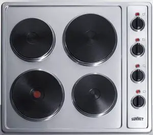 Summit Appliance CSD4B24 24" Wide 230V 2-Burner Solid Disk Cooktop in Stainless Steel Surface with Cast Iron Element, Push-to-turn Controls, Indicator Lights, Designed for Built-in Installation