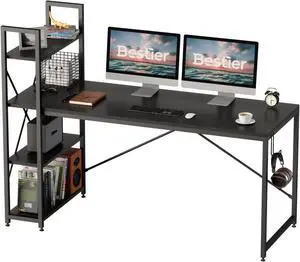 Bestier 63 Inch Computer Desk with Storage Shelves, Modern Bookshelf Desk with Headphone Hook Large Workstation Writing Desk with Reversible Bookshelves Home Office Work Table Study Desk Black