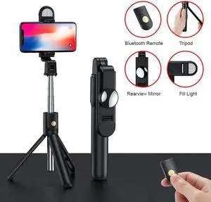 Selfie Stick Tripod with Detachable Wireless Remote, Extendable Selfie Stick Tripod with LED Fill Light (Black)