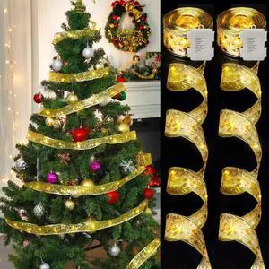 Christmas Ribbon Lights 32FT 100 LED Christmas Tree Ribbon Garland Battery Powered Gold Copper Wire Christmas Ribbon Fairy Lights Bows Ribbon for Christmas Tree