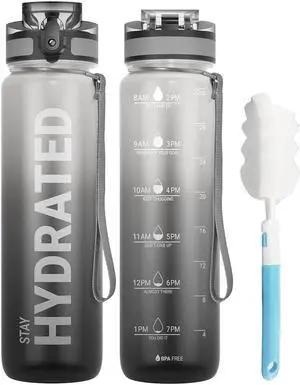 Water Bottle 32oz, Durable and Leakproof Water Bottles Motivational with Time Marker, Tritan, BPA Free, Wide Mouth with Easy Clean Brush for Gym, Travel, Home, School, Office (1 Bottle)