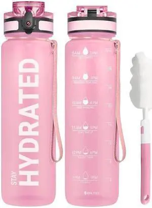 Water Bottle 32oz, Durable and Leakproof Water Bottles Motivational with Time Marker, Tritan, BPA Free, Wide Mouth with Easy Clean Brush for Gym, Travel, Home, School, Office (1 Bottle)