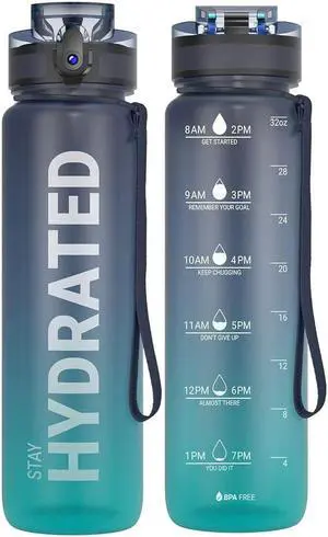 Water Bottle 32oz, Durable and Leakproof Water Bottles Motivational with Time Marker, Tritan, BPA Free, Wide Mouth with Easy Clean Brush for Gym, Travel, Home, School, Office (1 Bottle)