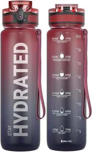Water Bottle 32oz, Durable and Leakproof Water Bottles Motivational with Time Marker, Tritan, BPA Free, Wide Mouth with Easy Clean Brush for Gym, Travel, Home, School, Office (1 Bottle)