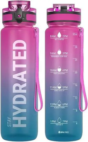 Water Bottle 32oz, Durable and Leakproof Water Bottles Motivational with Time Marker, Tritan, BPA Free, Wide Mouth with Easy Clean Brush for Gym, Travel, Home, School, Office (1 Bottle)