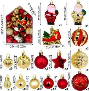 Newest Christmas Tree Ornament, 72pcs Christmas Tree Decoration Set Red Green Gold Christmas Ball Shatterproof Hanging Tree Ornament Assortment Set