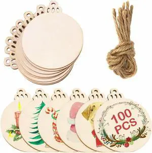 100 Pieces Christmas Wooden Ornaments Round Wood Slices Snowflake Angel Shape with Cords for DIY Crafts New Year Christmas Tree Pendant Holiday Wedding Decorations Ornaments 4.72 x 3.93 inch