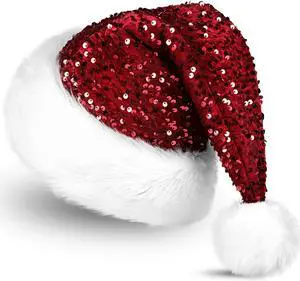 Christmas Hat Santa Hats for Adults Unisex Red Sequin Santa Hat Thicken Xmas Hat for New Year Festive Holiday Party