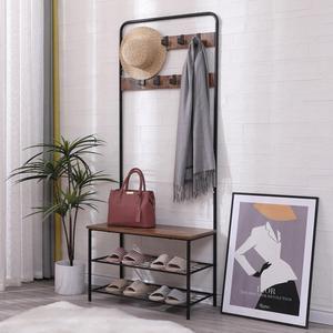 Coat Rack, Hall Tree with Shoe Bench for Entryway, Industrial Accent Living Furniture with Steel Frame, Leveling Feet,3-in-1 Design, Easy Assembly,Black(28"x15"x71")