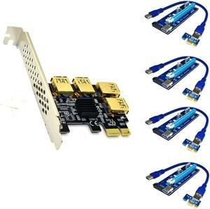 PCI-E 1x to 16x Riser Card PCI-Express 1 to 4 Slot PCIe USB3.0 Adapter Port Multiplier Miner Card for BTC Bitcoin Miner Mining (4*sata Cables)
