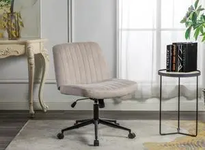LUGANG Land Port Xu Furnimart Swivel Criss Cross Legged Chair with Wheels for Home Office, Wide Armless Desk Chair Height Adjustable Comfy Seat for Desk,Vanity, Bedroom,Beige