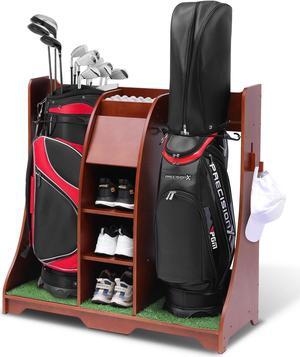LUGANG Land Port Xu Golf Bag Organizer, Premium Wooden Golf Storage Rack, Stylish Golf Bag Storage Rack, Golf Equipment Organizer for Garage, Indoor Spaces and More, Holds 2 Golf Bags REDDISHBROWN