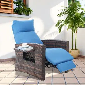 Outdoor Recliner Chair,Wicker Patio Chair with Adjustable Angle up to 150°Backrest and Foot Rest,Patio Recliner Lounge Chair with Flip Table and Removable Cushion Cover,Patio Furniture for Relaxing Re