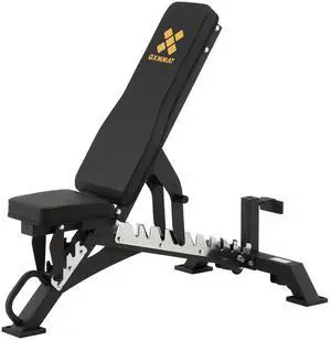 GXMMAT Adjustable Weight Bench, Heavy Duty Workout Bench for Body Strength Training and Garage Gym, Home Gym Exercise Equipment with Wheels, Quick Installation, Can Be Stored Upright