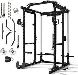 GXMMAT X6 Power Cage, 2200LB Multi-Function Power Rack with Independent Dual Aluminum Pulley System, Squat Rack for Home Gym Strength Training Equipment, Heavy-Duty Steel Construction