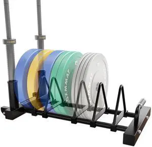 GXMMAT Horizontal Olympic Weight Plate Rack | 330lbs Capacity Powder-Coated Steel Frame | 4 Plate Storage Slots + 2 Barbell Holders | Adjustable Slot Spacing | Includes Wheels & Non-Slip Handles