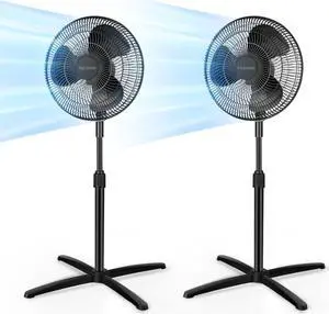 PELONIS 16 Pedestal Stand Up Oscillating Fan with 3 Speeds Settings Ultra Quiet Adjustable Heights for Bedroom, Living Room, Home and Office 2 Packs Black