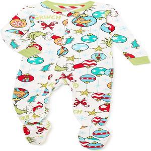 Grinch Holiday Pajamas Kids Unisex Sleepwear - (18M, AlloverWhite, Footed)