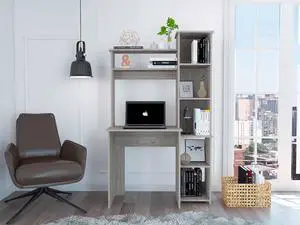 FM FURNITURE Nashville Desk, Bookshelve, For An Office Or Home Office, With 6 Shelves, Light Gray finish, Particle Board, Easy To Assamble.