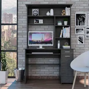 FM FURNITURE Weston 2 Computer Desk, For An Office Or Home Office, With 2 Drawers, 6 Shelves And A Hutch, Gray Oak Finish, Particle Board, Wood texture, Easy To Assamble.