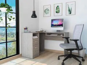 FM FURNITURE Raleigh L shaped Desk, For An Office Or Home Office, With 2 Dressers, 1 Shelfs, 1 Cpu Storage, Light Gray Finish, Particle Board, Wood Texture, Easy To Assamble.