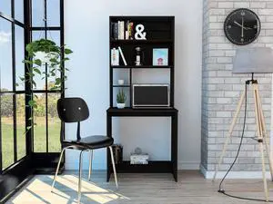 FM FURNITURE Sawgrass computer desk with Hutch, For An Office Or Home Office, With 4 Shelves, Black Wengue Finish, Particle Board, Wood Texture, Easy To Assamble.