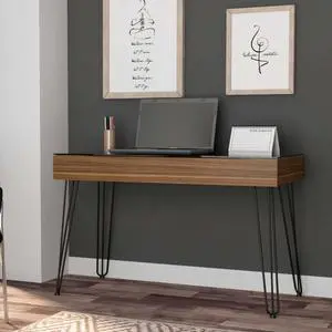 FM FURNITURE Kyoto 120 Desk, For An Office Or Home Office, Abstract Steel Legs, 1  Drawer, Mahonany Finish, Pore Texture, Particle Board, Easy To Assamble.