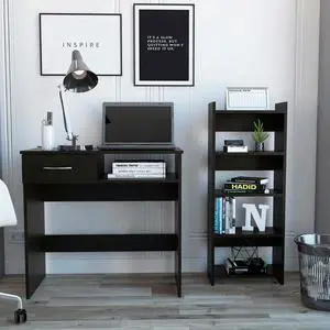 FM FURNITURE Plano 2-piece  Home office Set, Desk And Bookshelf, With 1  Drawer, And 1 Shelf - 4 Shelves, Black Wengue Finish, Particle Board, Wood Texture, Easy To Assamble.