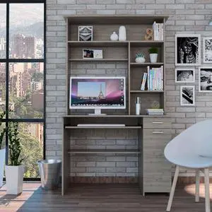 FM FURNITURE Weston 2 Computer Desk, For An Office Or Home Office, With 2 Drawers, 6 Shelves And A Hutch, Light Gray Finish, Particle Board, Wood texture, Easy To Assamble.