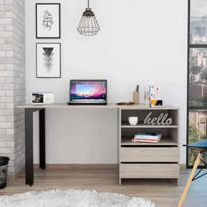 FM FURNITURE Praga 120 Desk, For An Office Or Home Office, With 2 Drawer, 2 Shelves, Light Gray Finish, Particle Board, Wood Texture, Easy To Assamble.